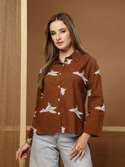 Stylum Women's Brown Printed Rayon High-Low Shirt (TOPBROWNSAUNF)