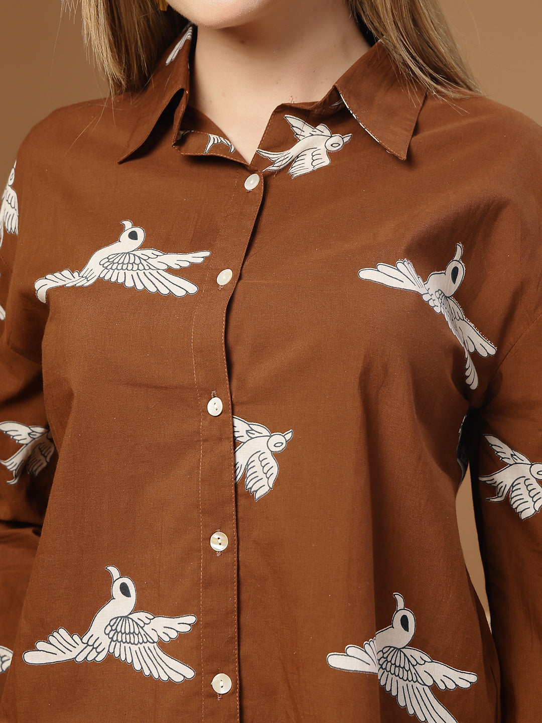 Women's Brown Printed Rayon High-Low Shirt (TOPBROWNSAUNF) | DesiQlo
