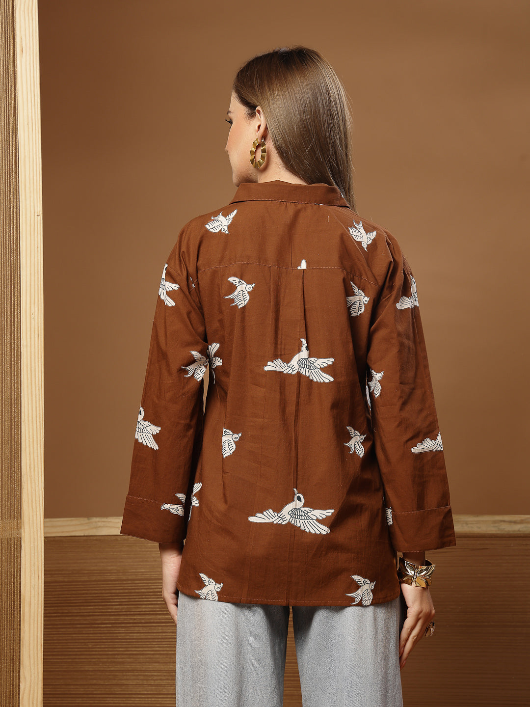 Women's Brown Printed Rayon High-Low Shirt (TOPBROWNSAUNF) | DesiQlo