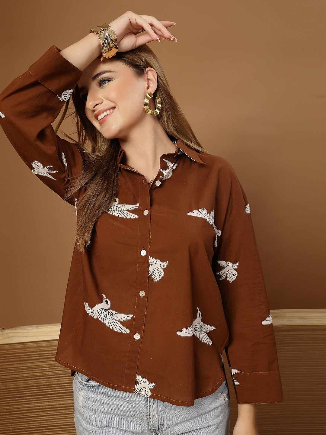 Women's Brown Printed Rayon High-Low Shirt (TOPBROWNSAUNF) | DesiQlo