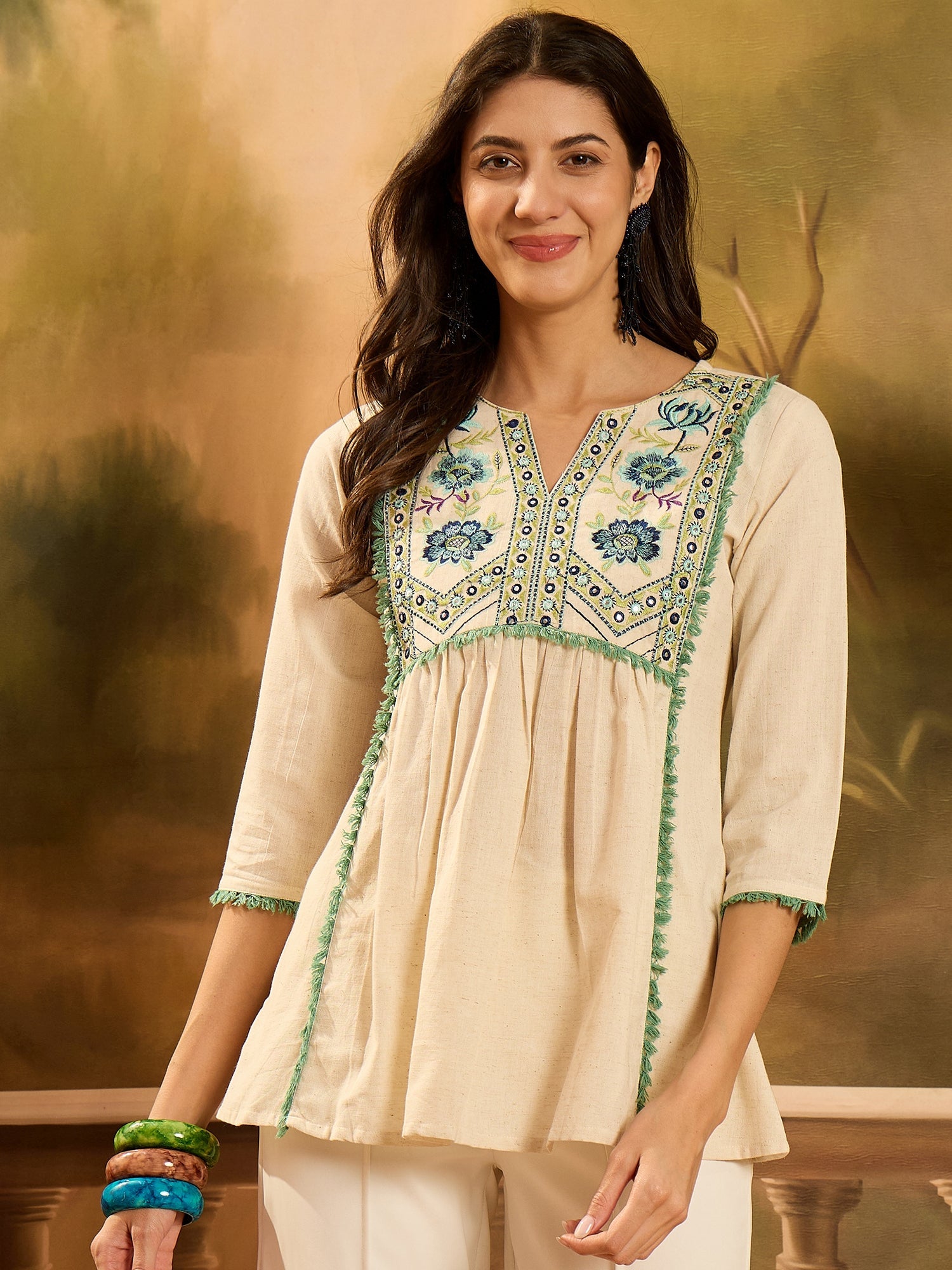 Women's Cream Solid & Embroidered Cotton Flex Empire Top (TOPCREAMCRET