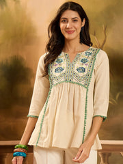 Stylum Women's Cream Solid & Embroidered Cotton Flex Empire Top (TOPCREAMCRETA)