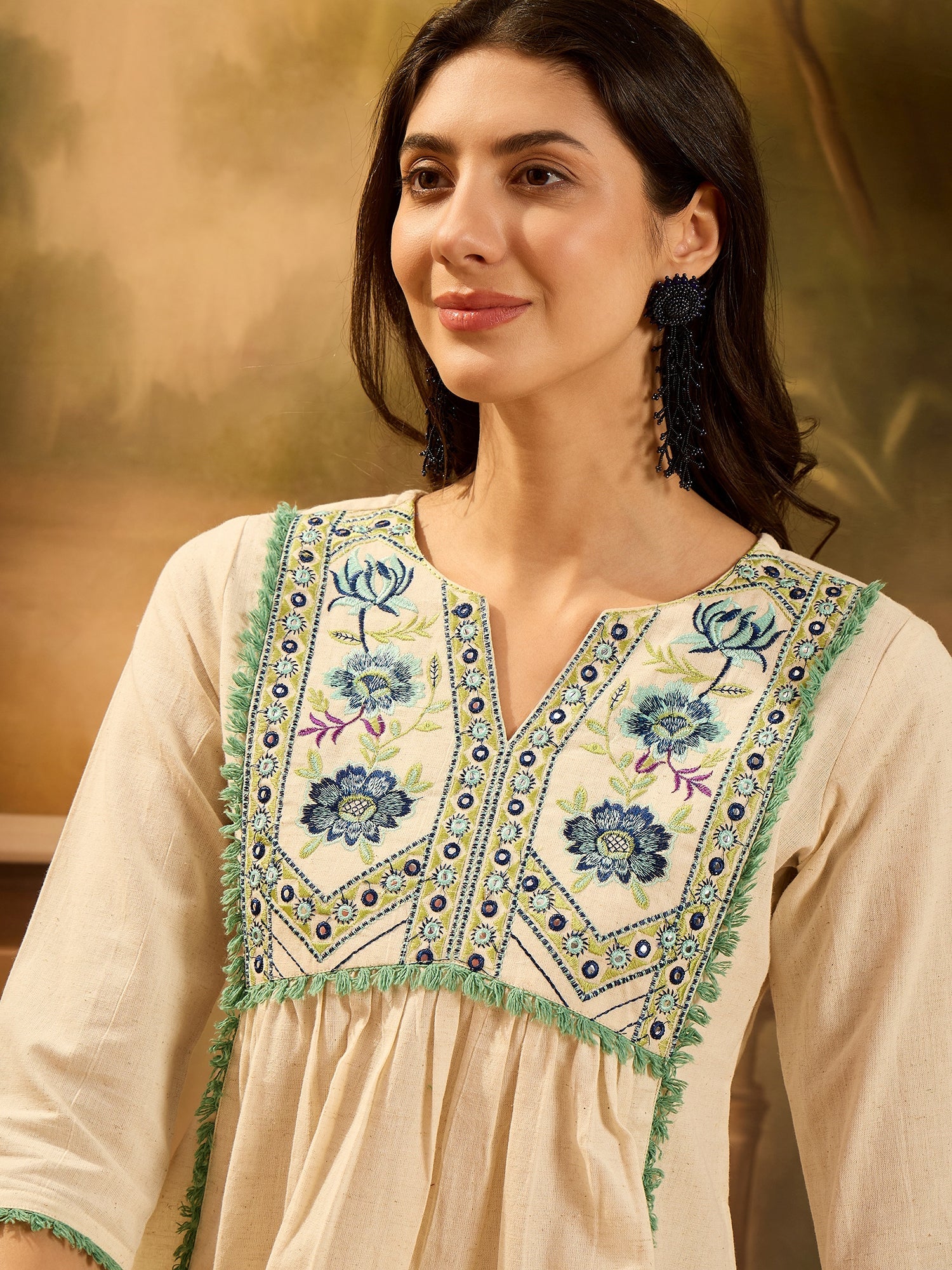 Women's Cream Solid & Embroidered Cotton Flex Empire Top (TOPCREAMCRET
