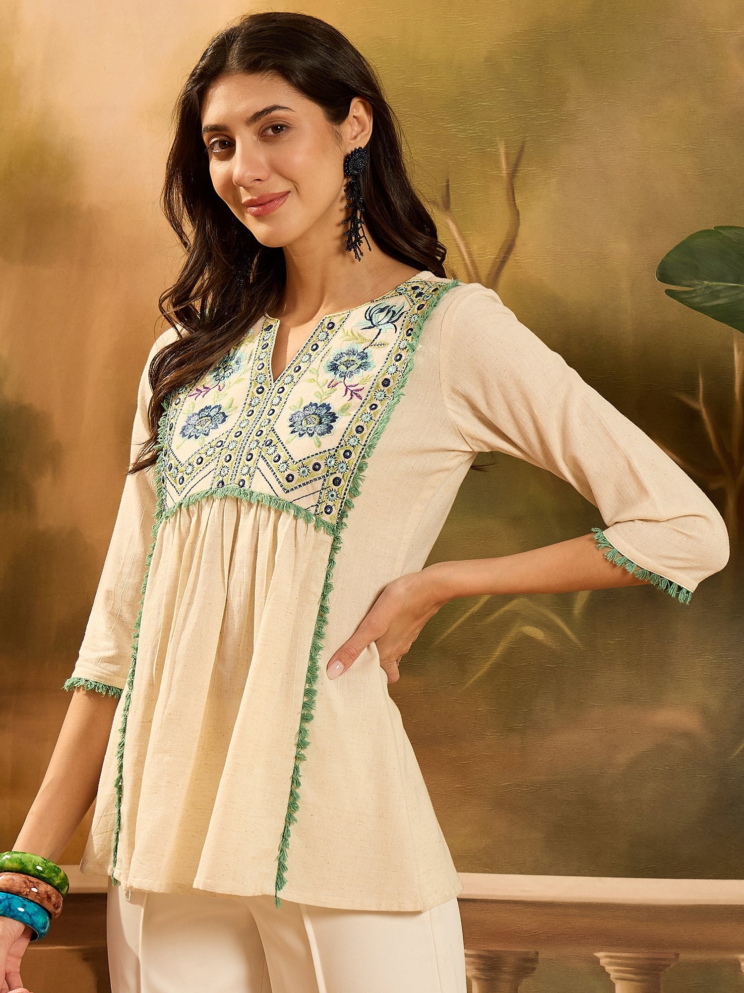 Women's Cream Solid & Embroidered Cotton Flex Empire Top (TOPCREAMCRET