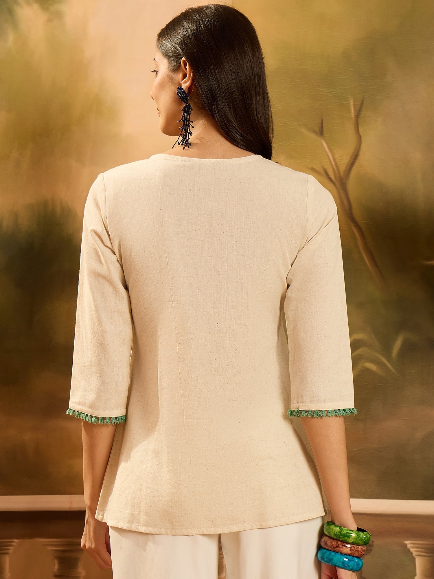 Women's Cream Solid & Embroidered Cotton Flex Empire Top (TOPCREAMCRET