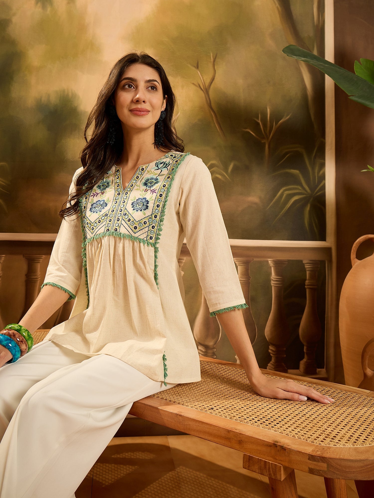 Women's Cream Solid & Embroidered Cotton Flex Empire Top (TOPCREAMCRET