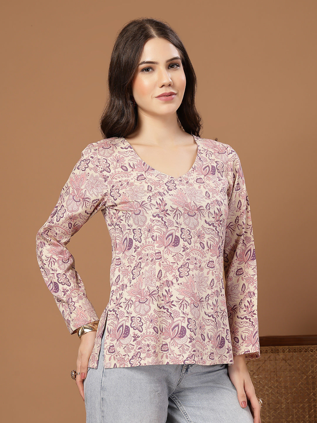 Women's Cream Floral Printed Cotton Straight Top (TOPCREAMMILD) | Desi