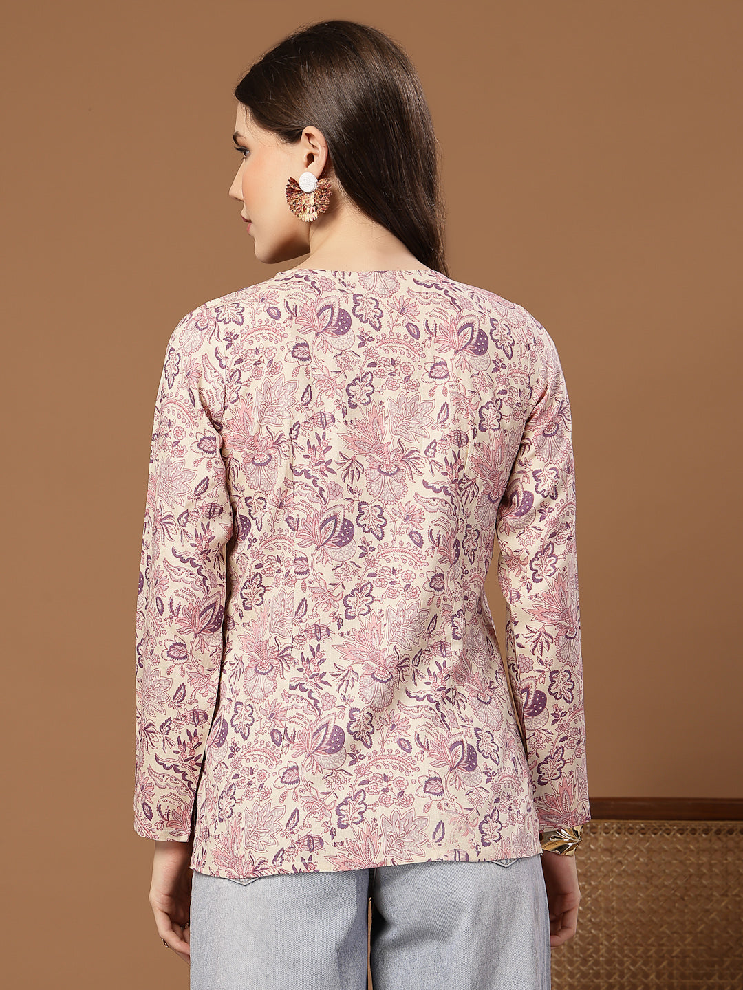 Women's Cream Floral Printed Cotton Straight Top (TOPCREAMMILD) | Desi
