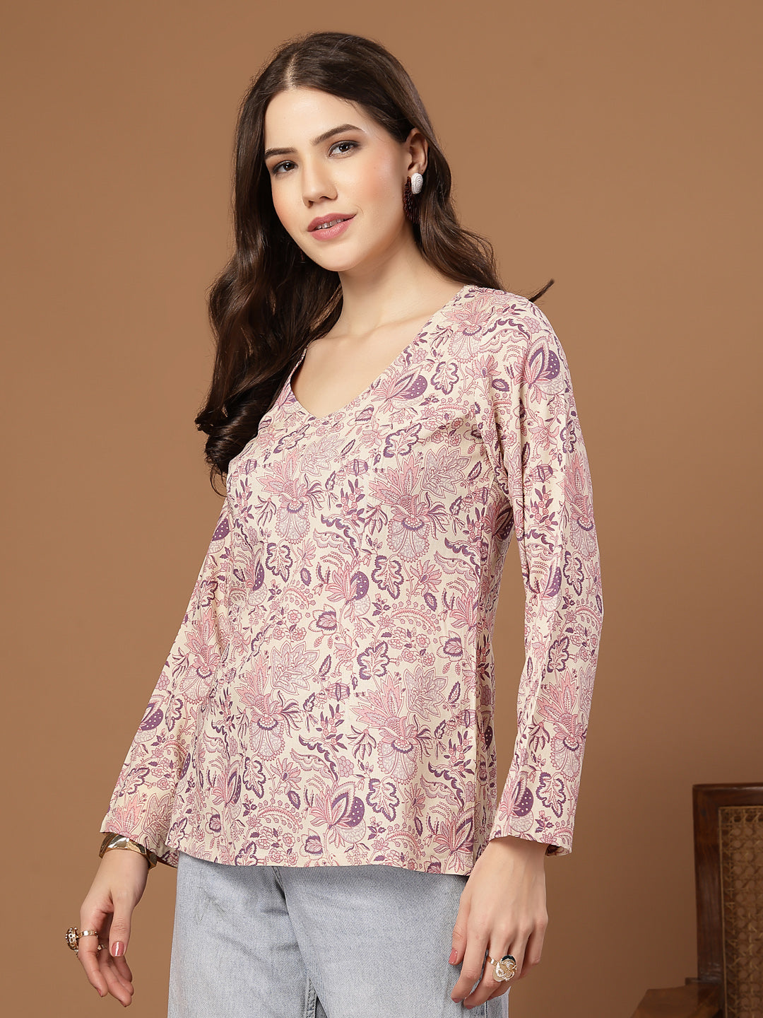 Women's Cream Floral Printed Cotton Straight Top (TOPCREAMMILD) | Desi