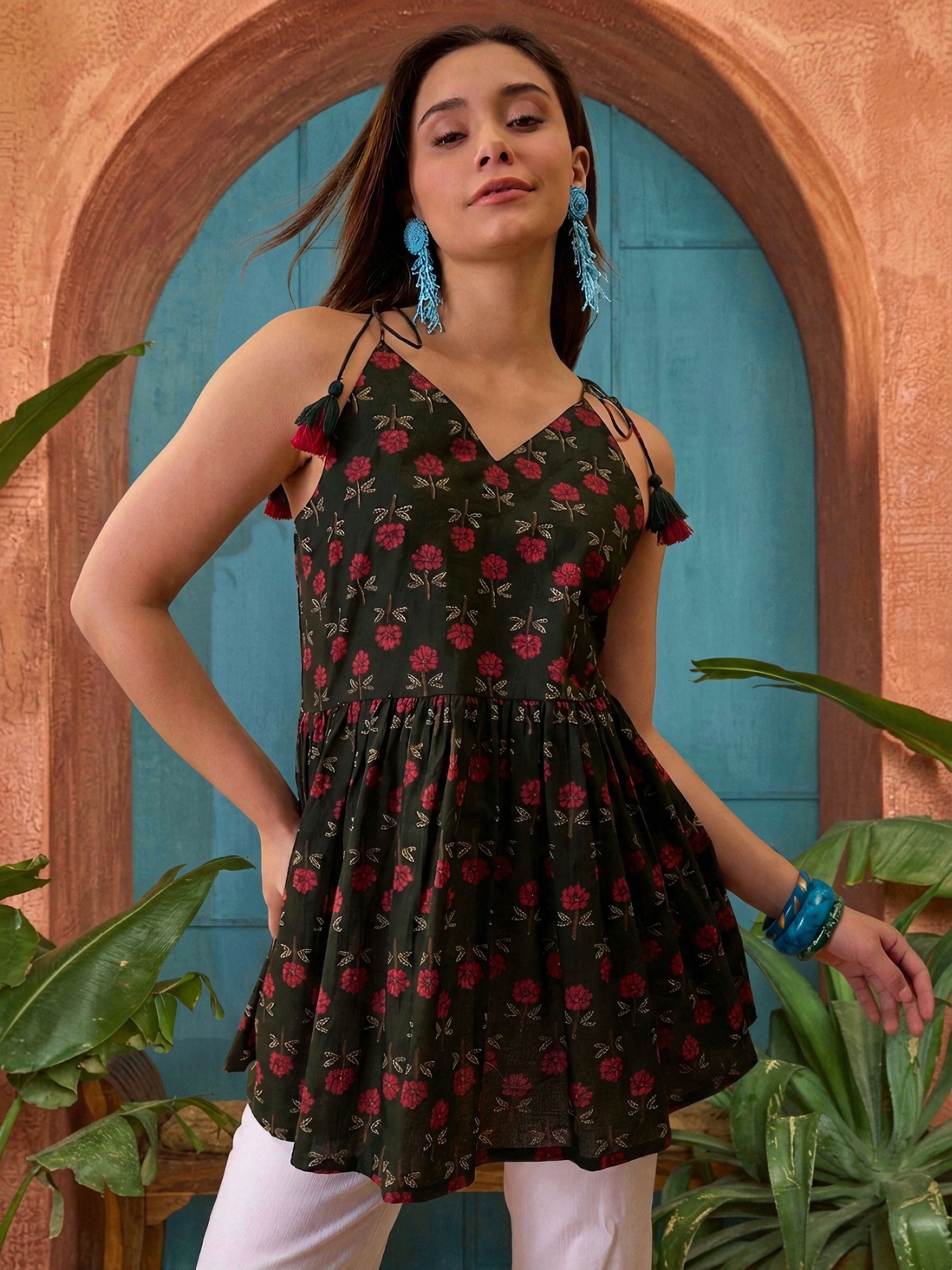 Women's Green Floral Printed Cotton Empire Top (TOPGREENBRAT) | DesiQl