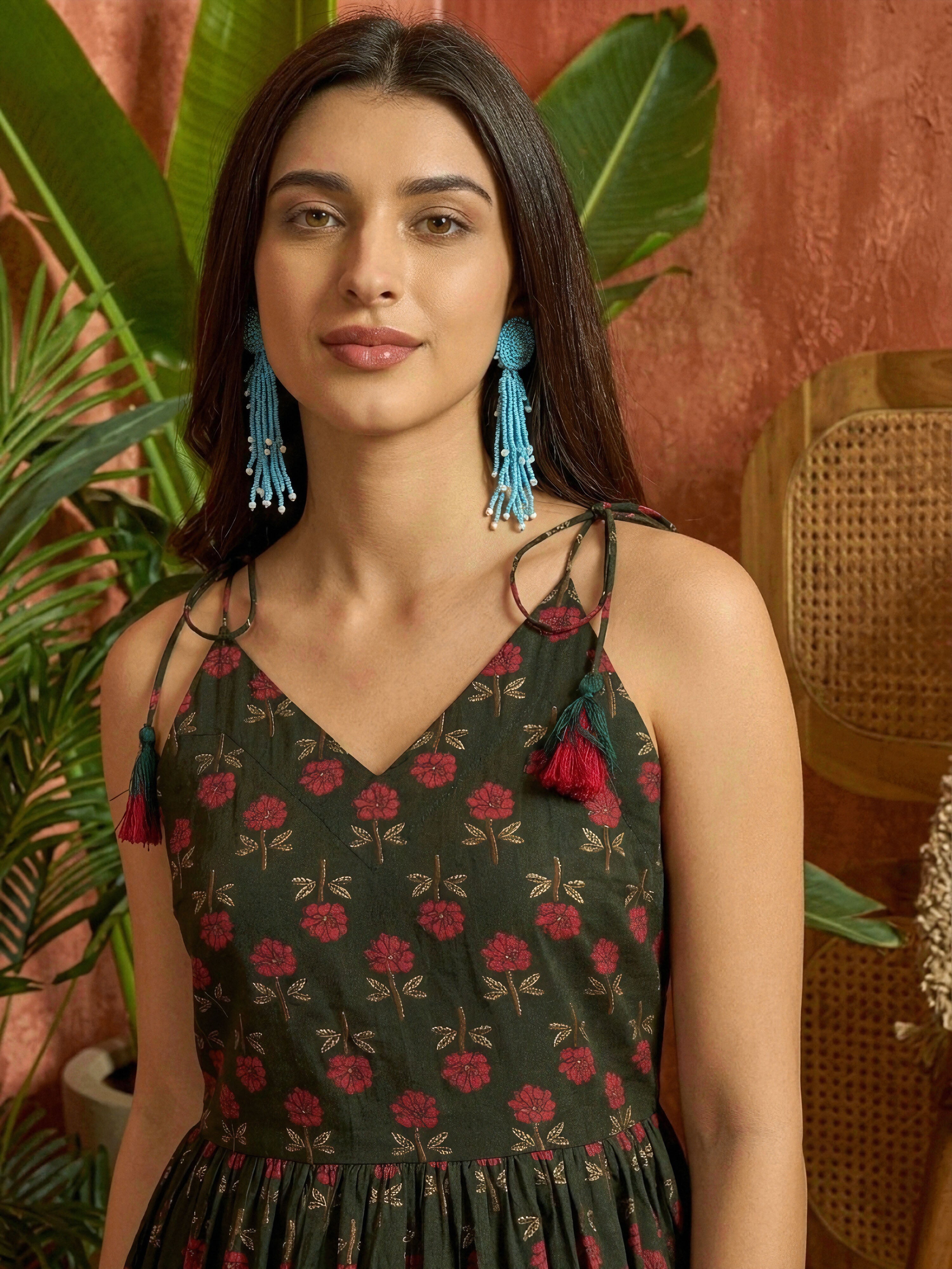 Women's Green Floral Printed Cotton Empire Top (TOPGREENBRAT) | DesiQl
