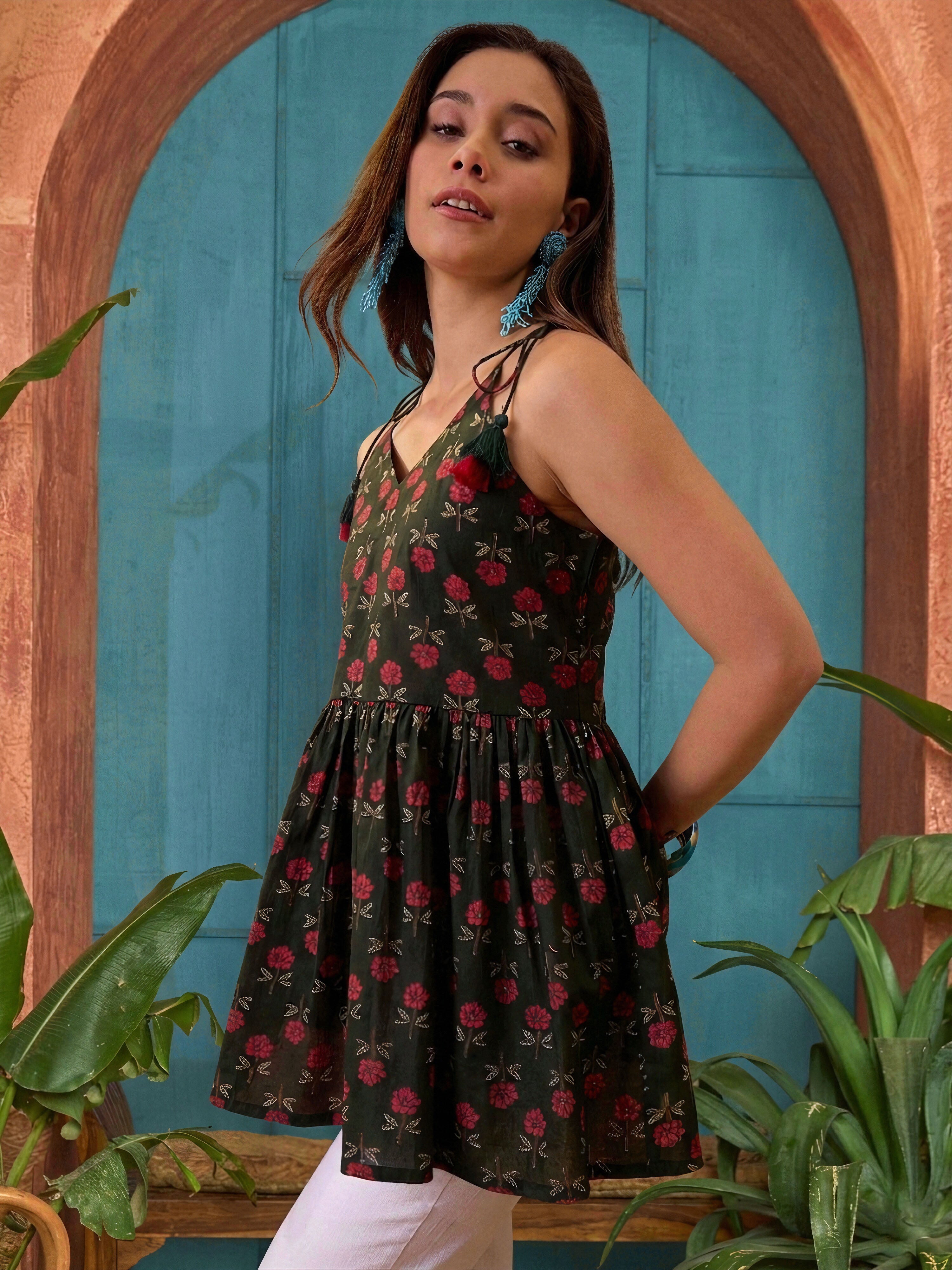 Women's Green Floral Printed Cotton Empire Top (TOPGREENBRAT) | DesiQl