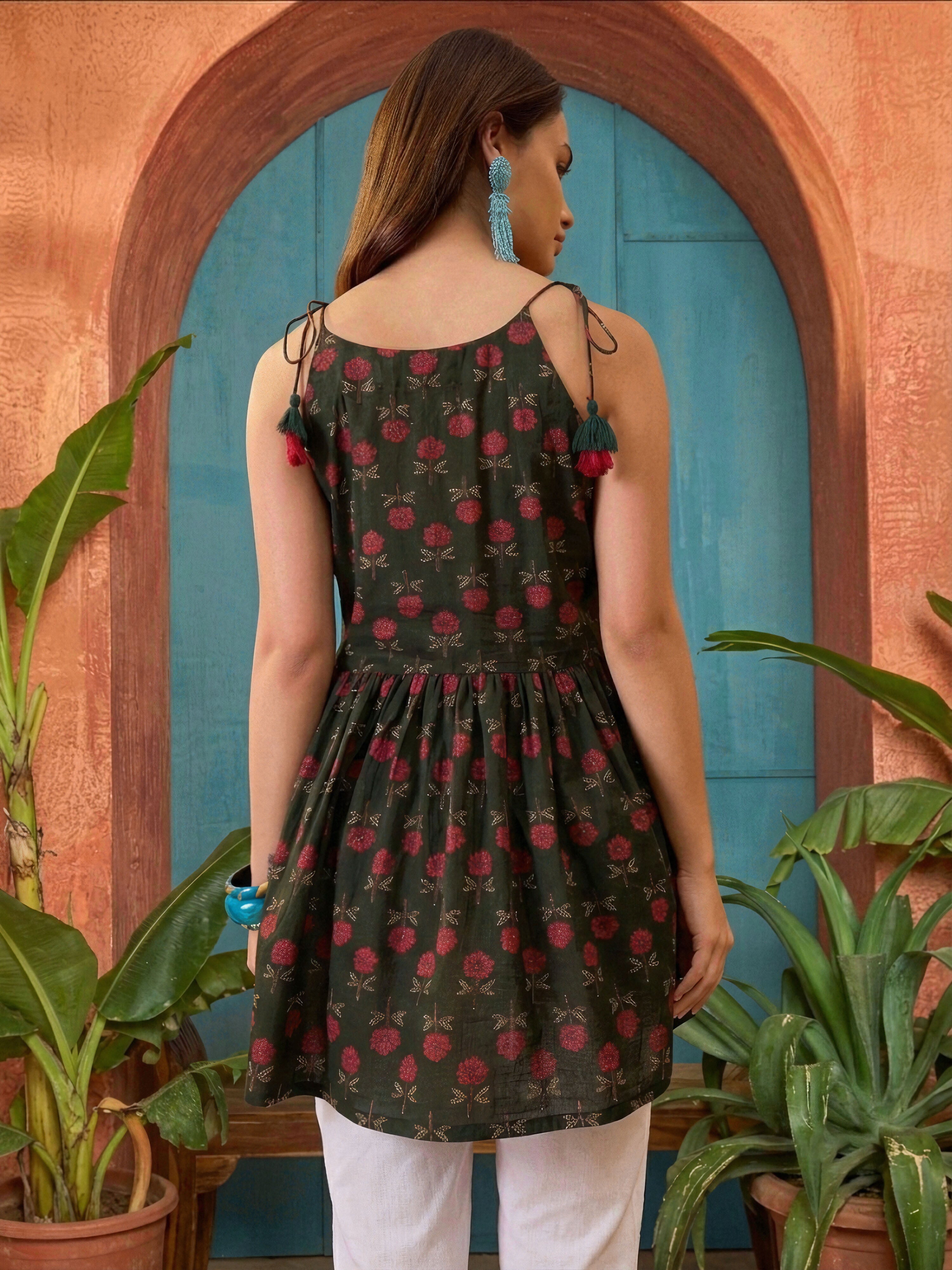 Women's Green Floral Printed Cotton Empire Top (TOPGREENBRAT) | DesiQl