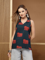 Stylum Women's Green Animal Printed Cotton Straight Top (TOPGREENHATHI)