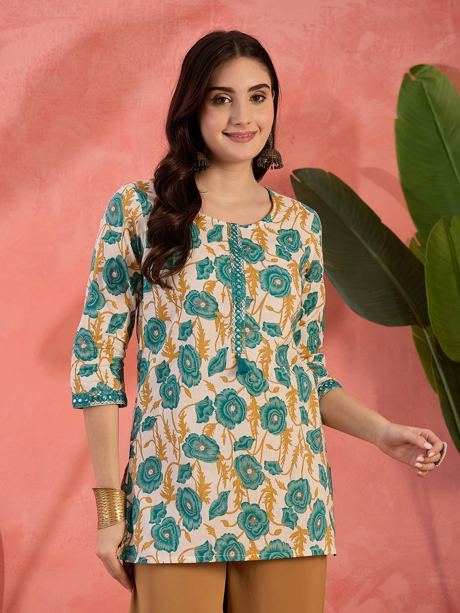 Women's Green Floral Printed Cotton Top (TOPGREENJEBA) | DesiQlo
