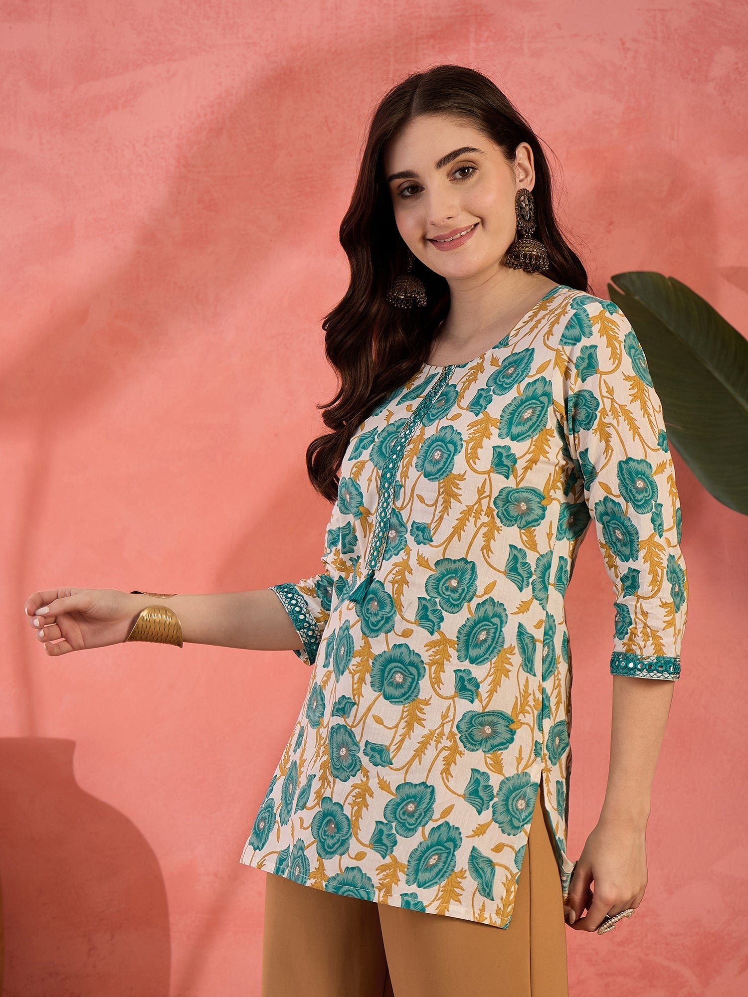 Women's Green Floral Printed Cotton Top (TOPGREENJEBA) | DesiQlo