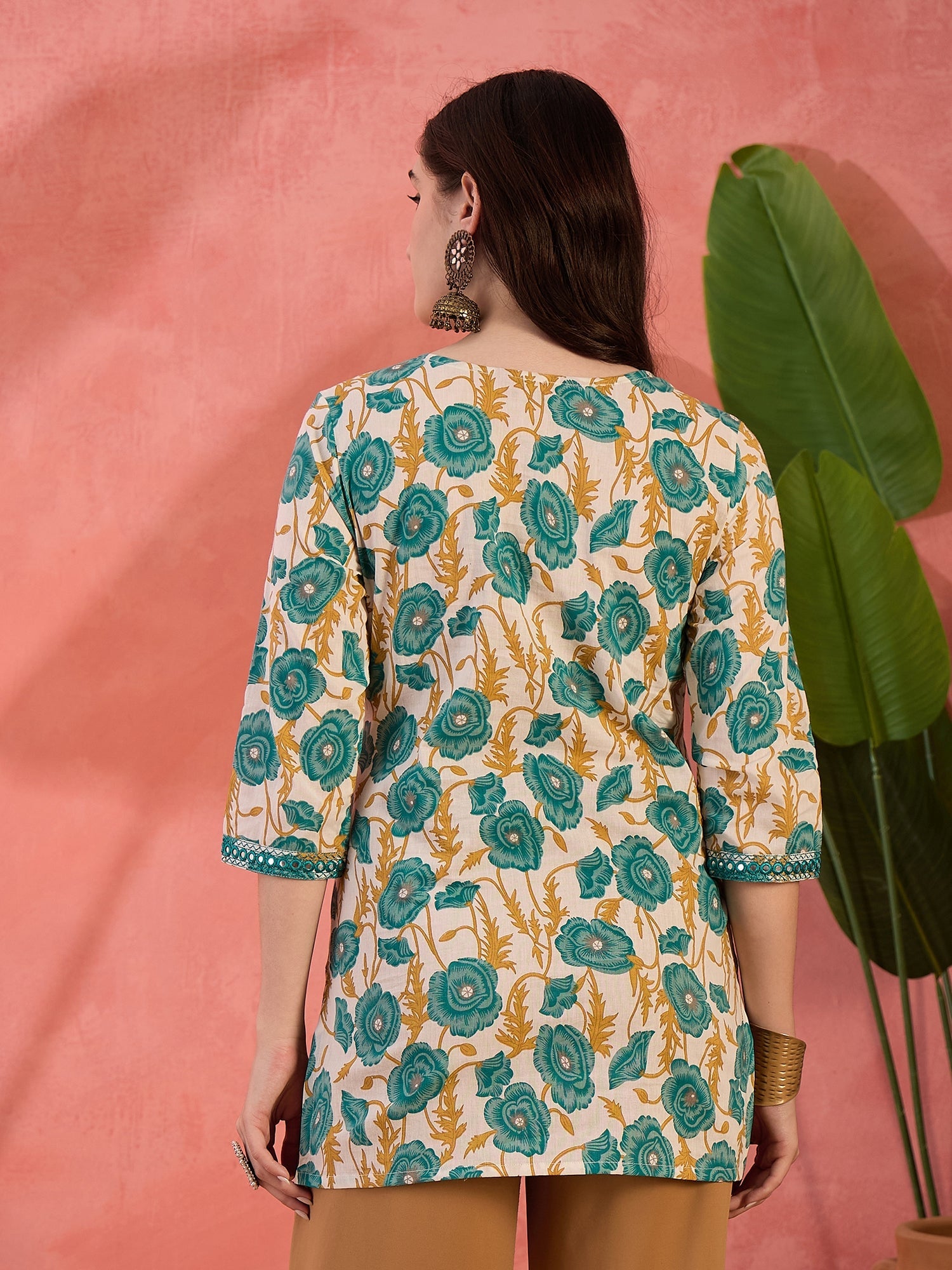 Women's Green Floral Printed Cotton Top (TOPGREENJEBA) | DesiQlo