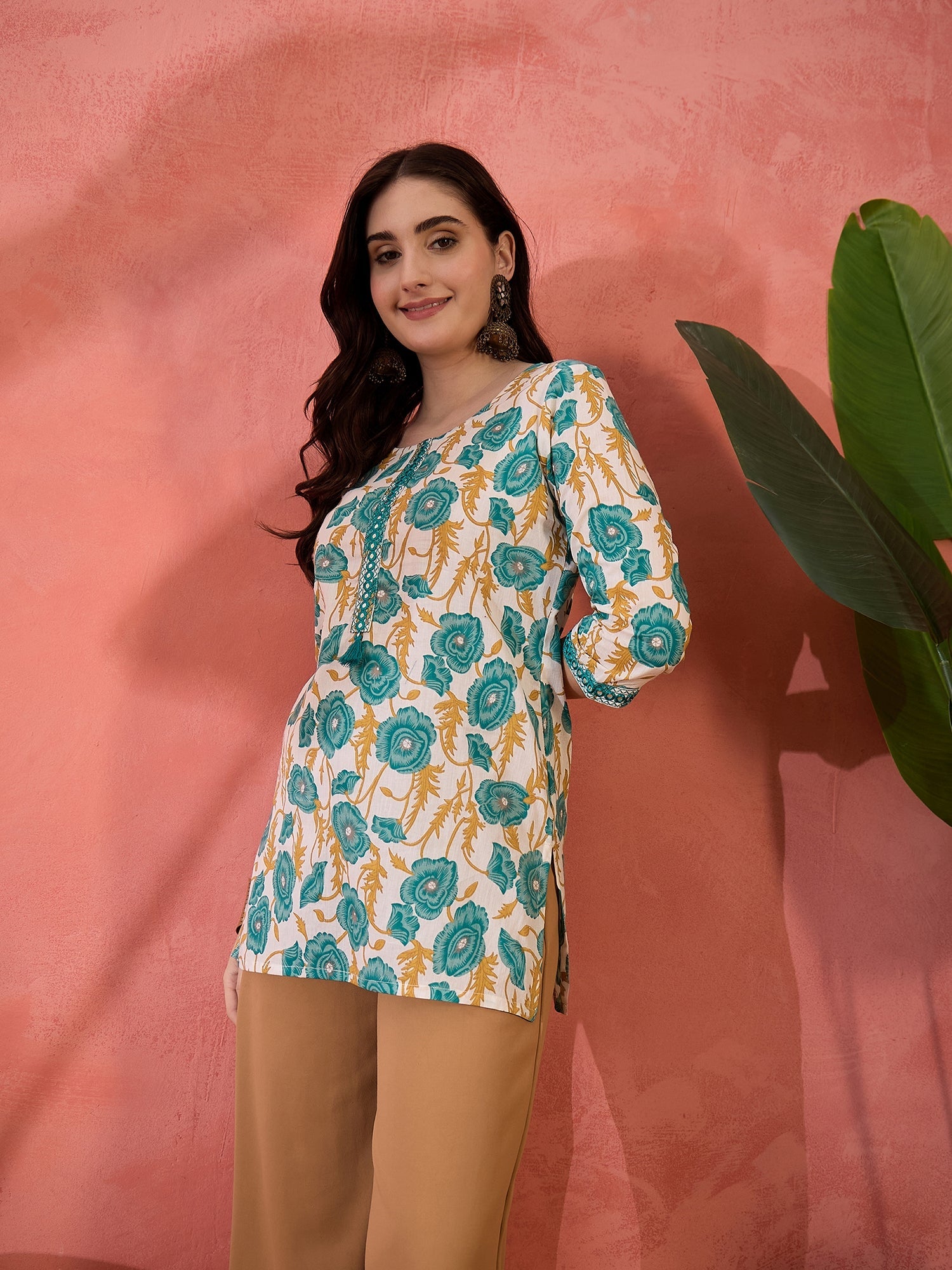 Women's Green Floral Printed Cotton Top (TOPGREENJEBA) | DesiQlo