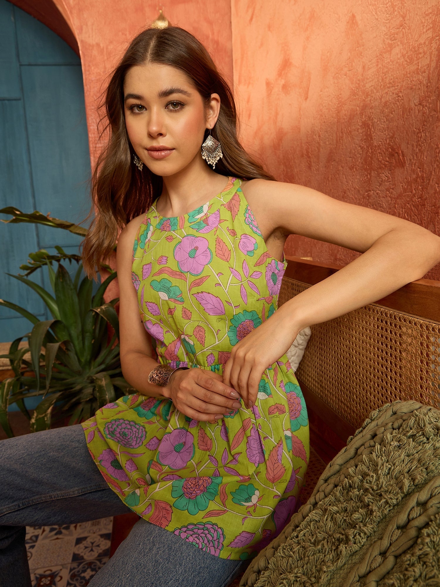 Women's Green Floral Printed Cotton Empire Top (TOPGREENKIMBER) | Desi
