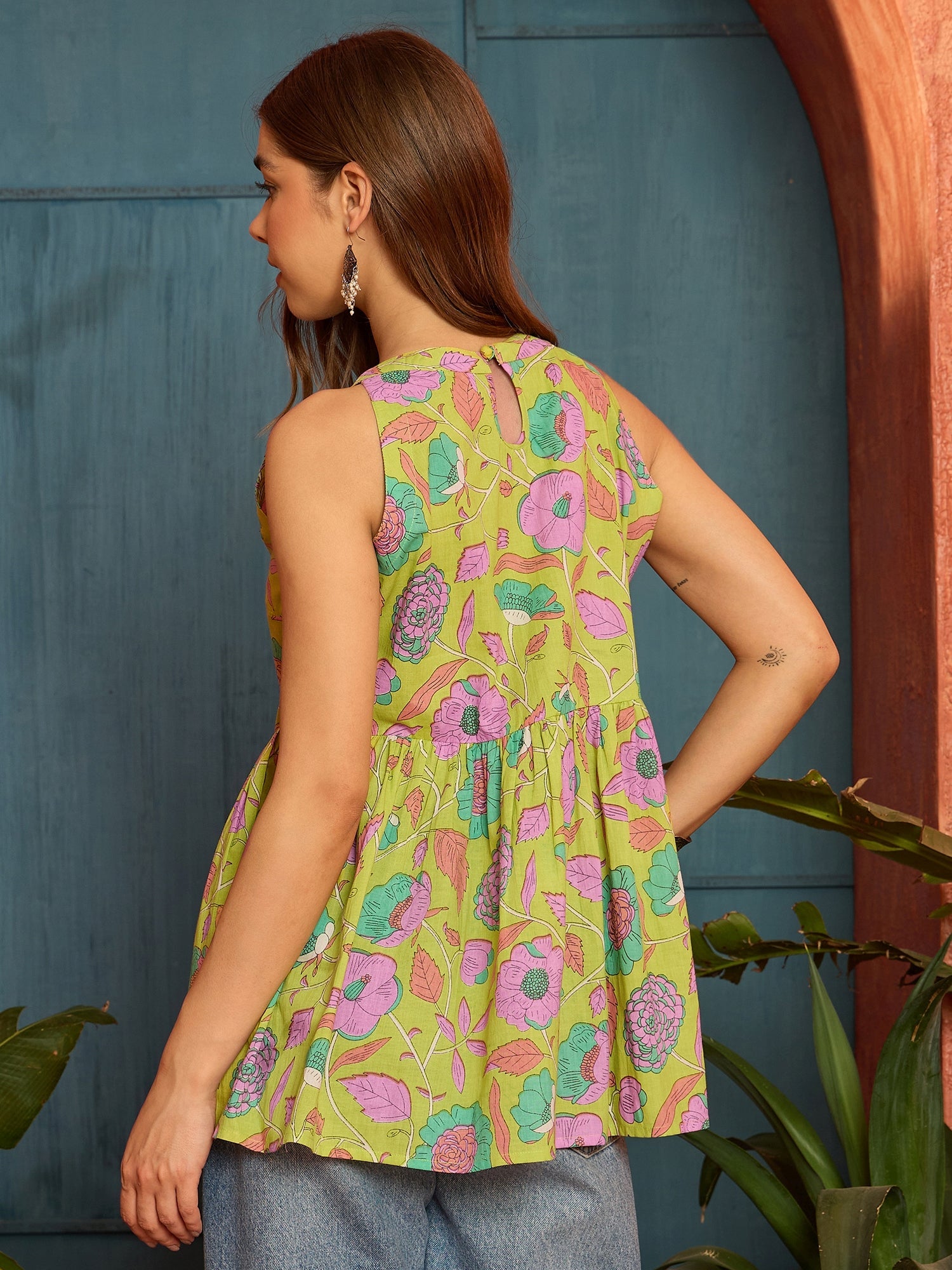 Women's Green Floral Printed Cotton Empire Top (TOPGREENKIMBER) | Desi