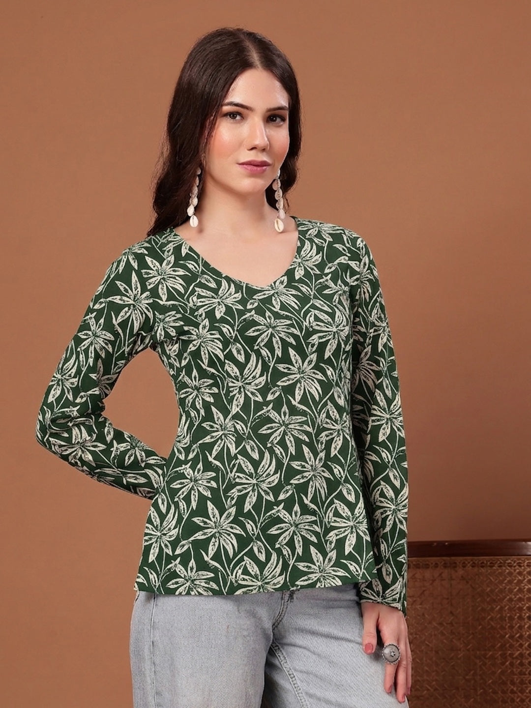 Women's Green Floral Printed Cotton Straight Top (TOPGREENSCAR) | Desi