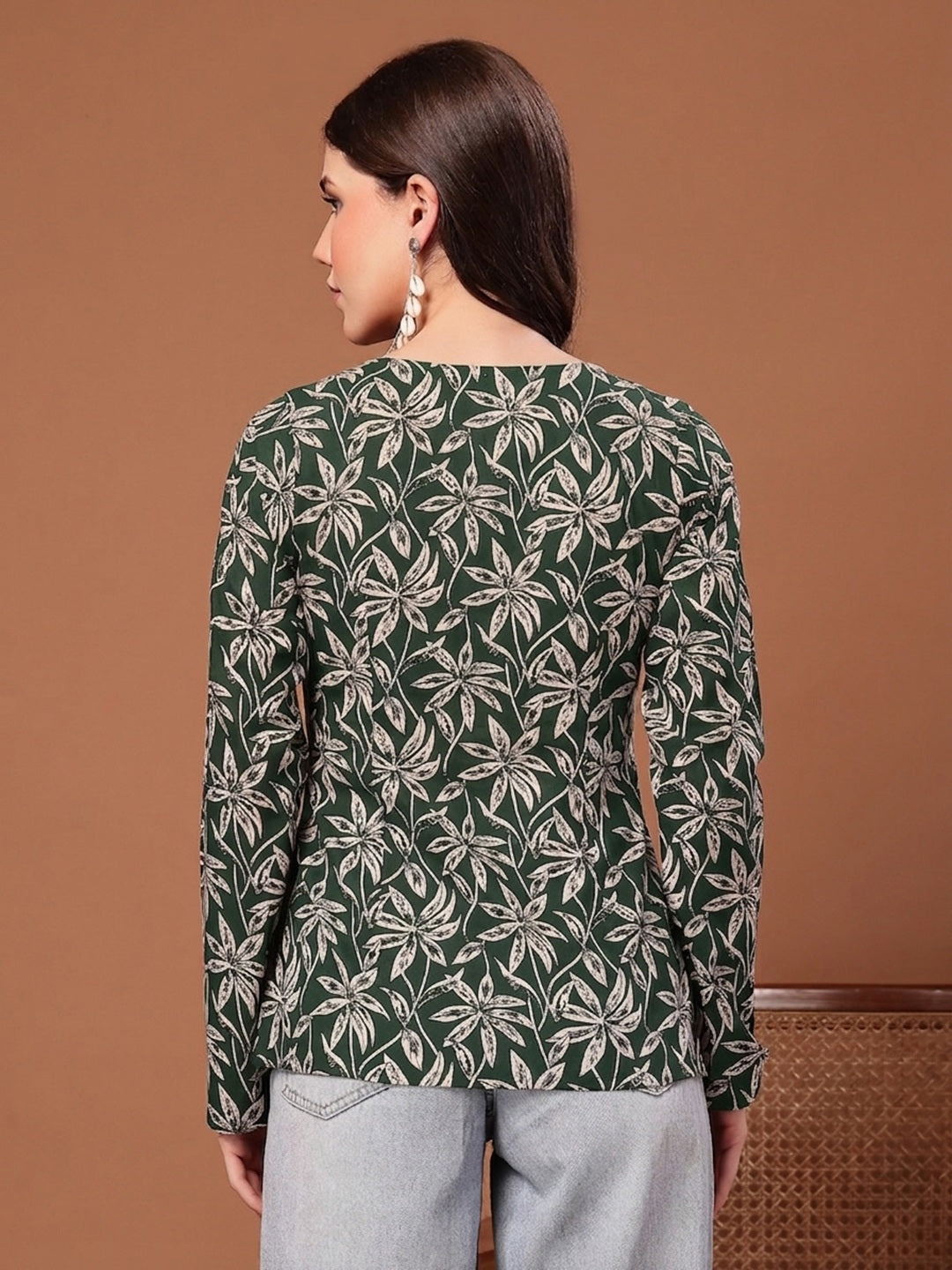 Women's Green Floral Printed Cotton Straight Top (TOPGREENSCAR) | Desi
