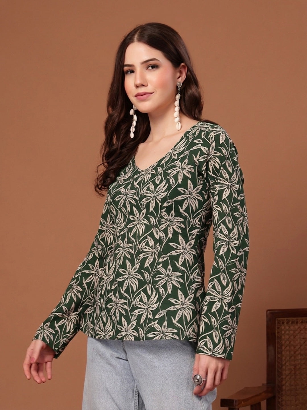 Women's Green Floral Printed Cotton Straight Top (TOPGREENSCAR) | Desi