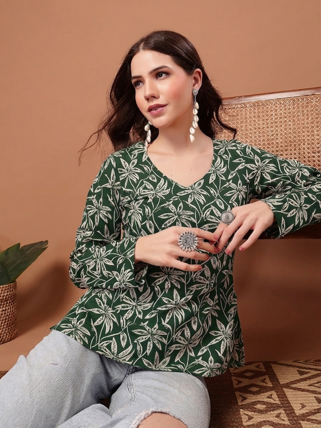 Women's Green Floral Printed Cotton Straight Top (TOPGREENSCAR) | Desi