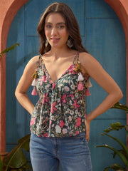 Stylum Women's Green Floral Printed Cotton Peplum Top (TOPGREENSIZZLING)
