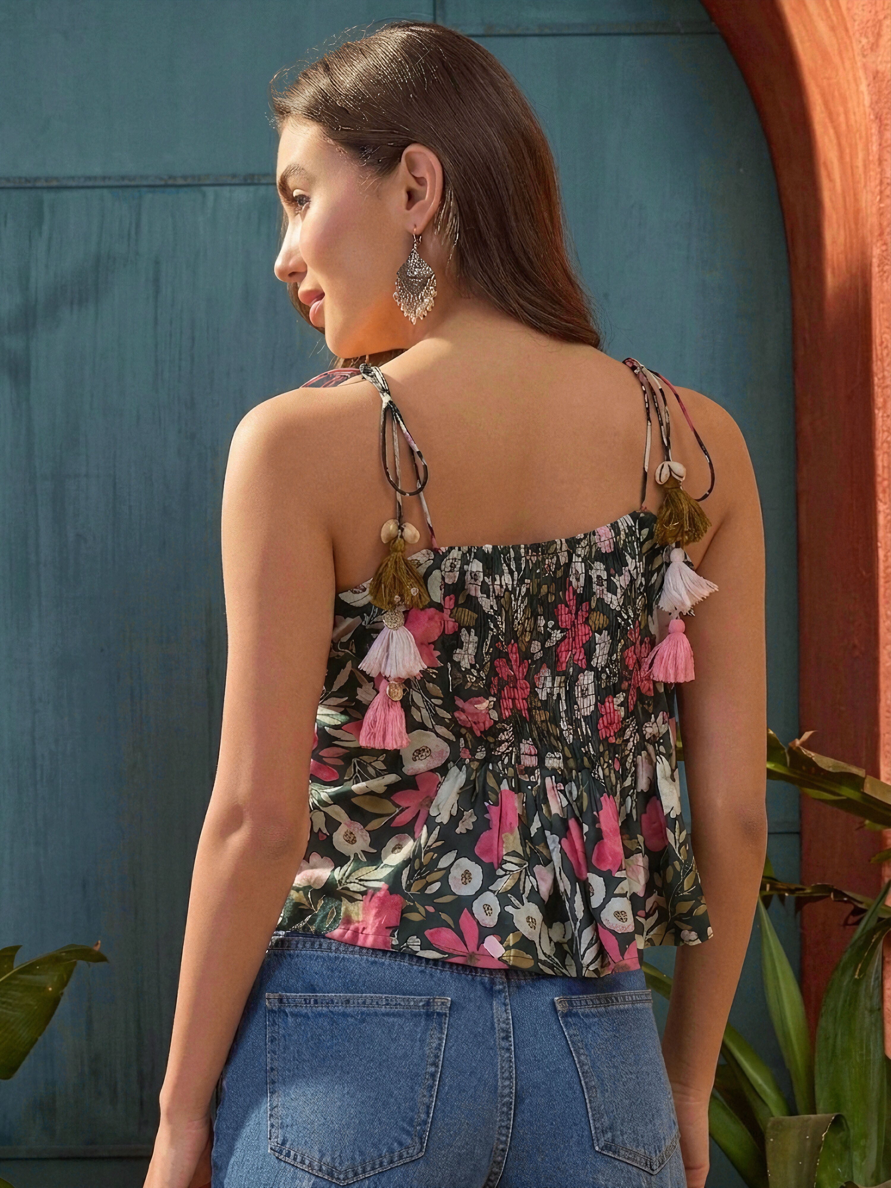 Women's Green Floral Printed Cotton Peplum Top (TOPGREENSIZZLING) | De
