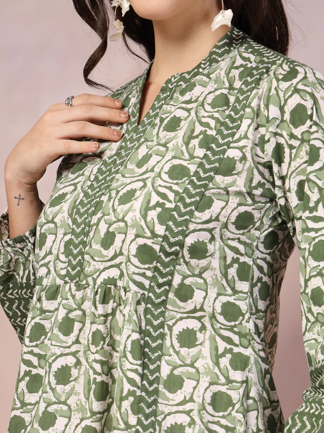 Floral Printed Cotton Indian Top - Green Short Kurtis for Women