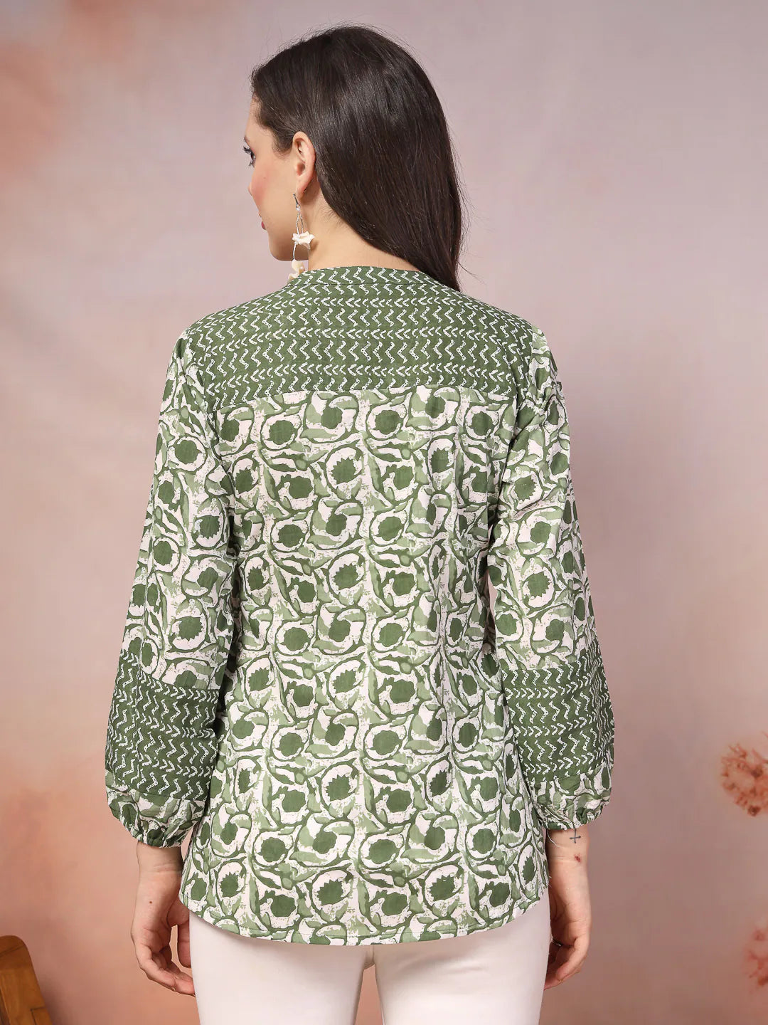 Floral Printed Cotton Indian Top - Green Short Kurtis for Women