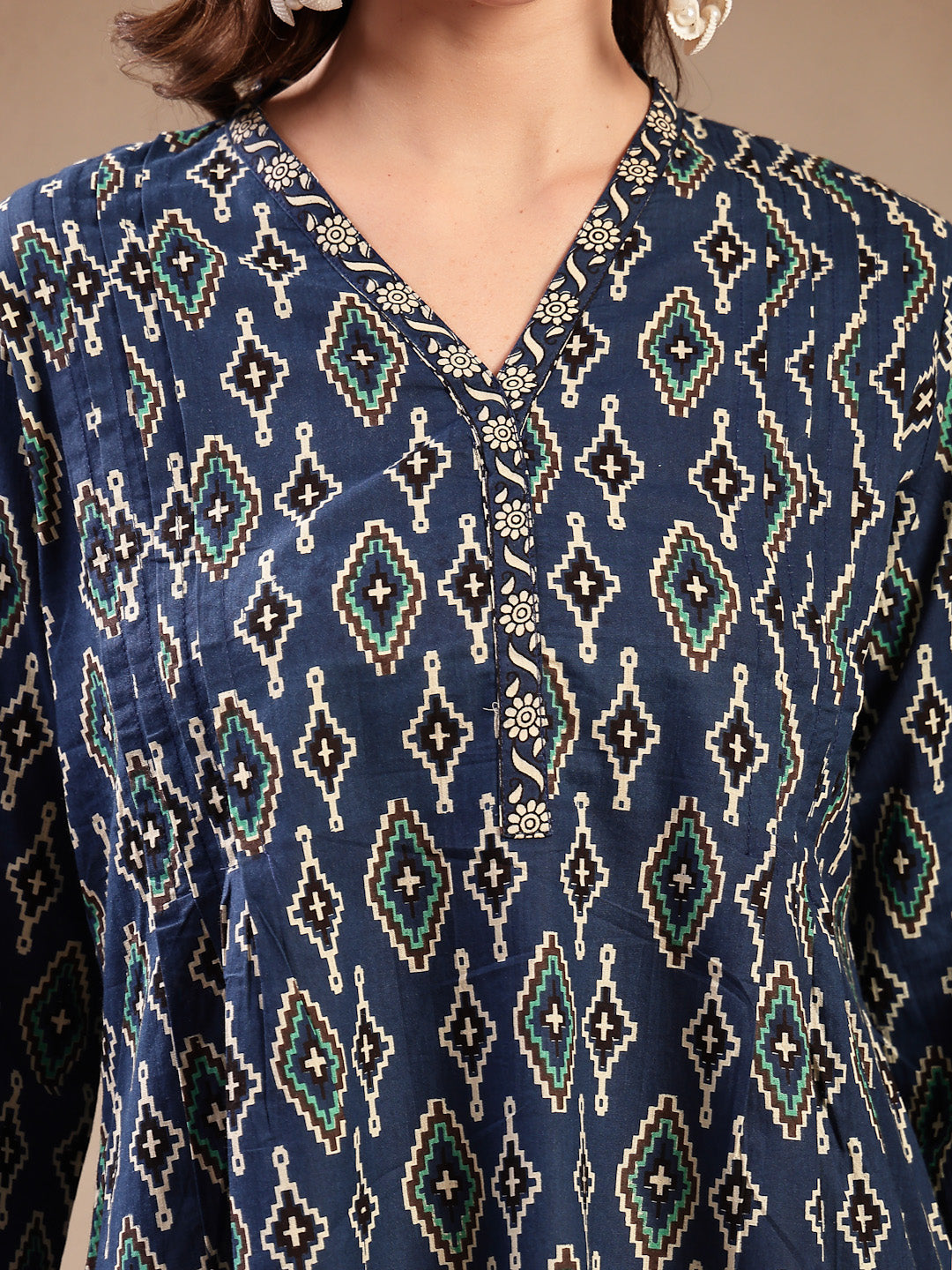 Women's Blue Ethnic Printed Cotton Empire Top (TOPINDIGOERUM) | DesiQl