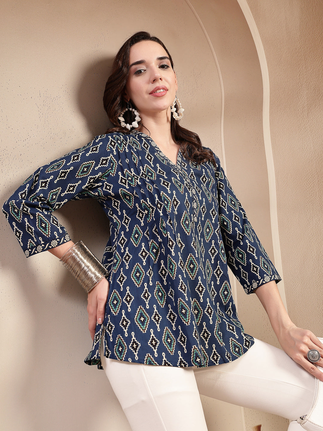 Women's Blue Ethnic Printed Cotton Empire Top (TOPINDIGOERUM) | DesiQl
