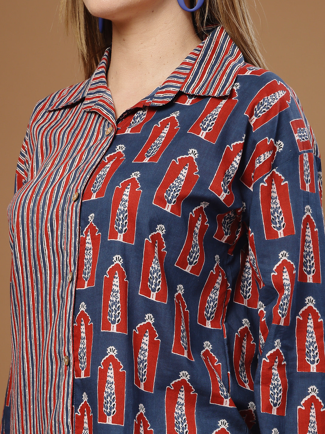 Stylum Women's Indigo Ethnic Printed Cotton Shirt (TOPINDIGOKHAJOOR)