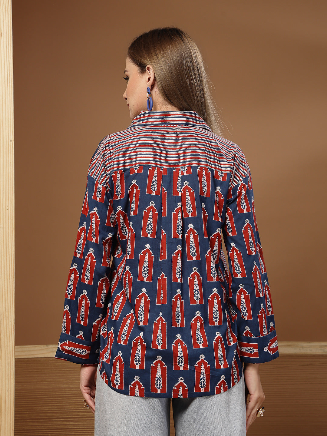 Stylum Women's Indigo Ethnic Printed Cotton Shirt (TOPINDIGOKHAJOOR)