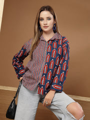 Stylum Women's Indigo Ethnic Printed Cotton Shirt (TOPINDIGOKHAJOOR)