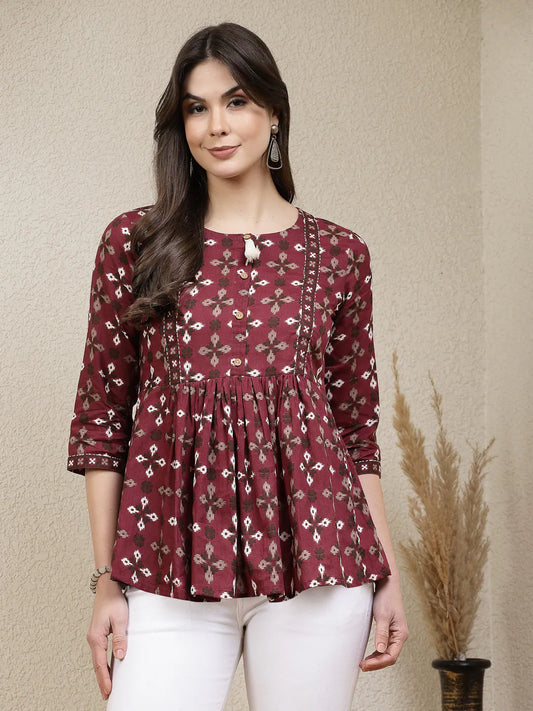 Women's Dabu Printed Cotton Peplum Top-TOPMAROONDOVE 1080