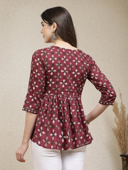 Women's Dabu Printed Cotton Peplum Top-TOPMAROONDOVE