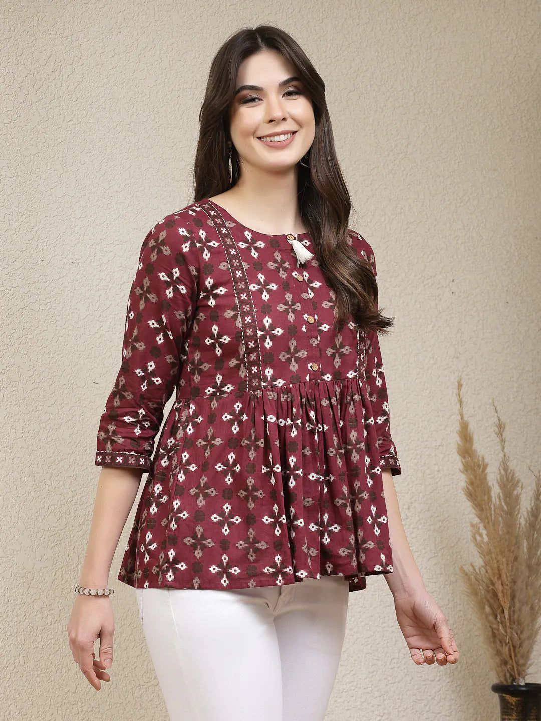 Maroon Printed Indian Top: Dabu Cotton Short Kurtis for Women