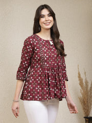 Women's Dabu Printed Cotton Peplum Top-TOPMAROONDOVE