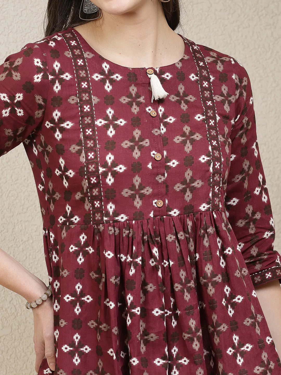 Maroon Printed Indian Top: Dabu Cotton Short Kurtis for Women