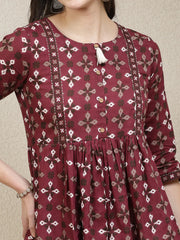 Women's Dabu Printed Cotton Peplum Top-TOPMAROONDOVE