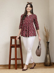 Women's Dabu Printed Cotton Peplum Top-TOPMAROONDOVE