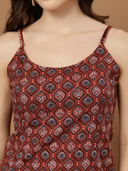Stylum Women's Maroon Ethnic Motif Printed Cotton Straight Top (TOPMAROONLOWKEY)