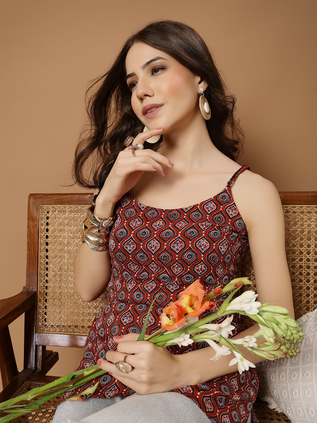 Women's Maroon Ethnic Motif Printed Cotton Straight Top (TOPMAROONLOWK