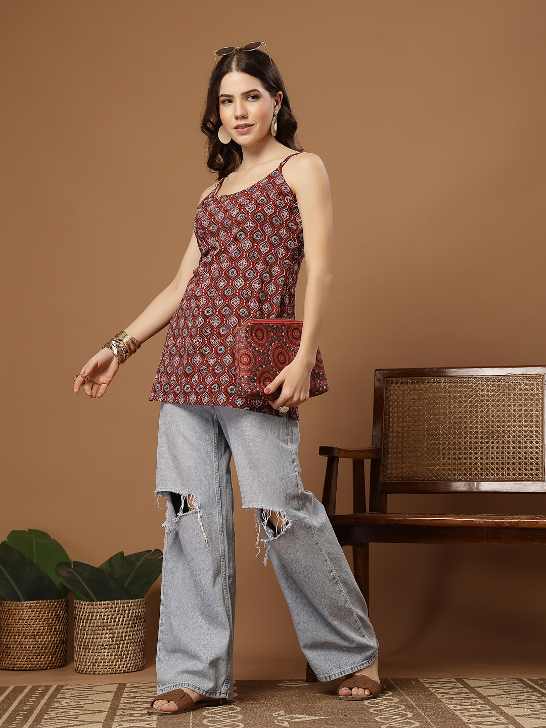 Women's Maroon Ethnic Motif Printed Cotton Straight Top (TOPMAROONLOWK