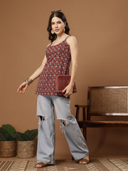 Stylum Women's Maroon Ethnic Motif Printed Cotton Straight Top (TOPMAROONLOWKEY)