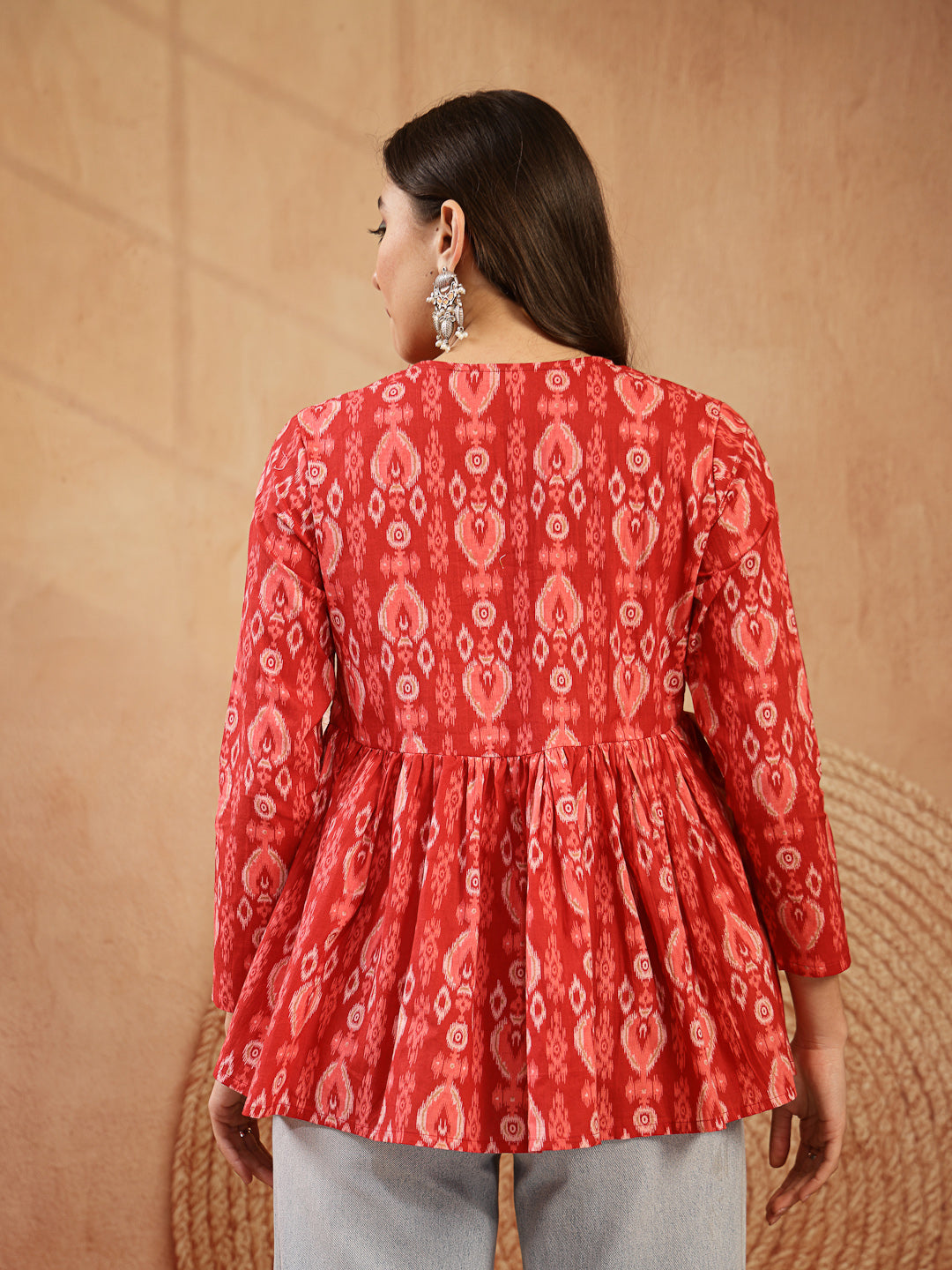 Women's Maroon Ikat Printed Cotton Empire Top (TOPMAROONTARUN) | DesiQ