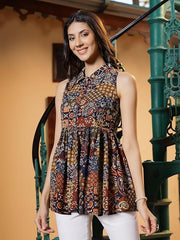 Stylum Women's Multicolor Ethnic Printed Cotton Shirt Collar Top (TOPMULTIKAJOL)